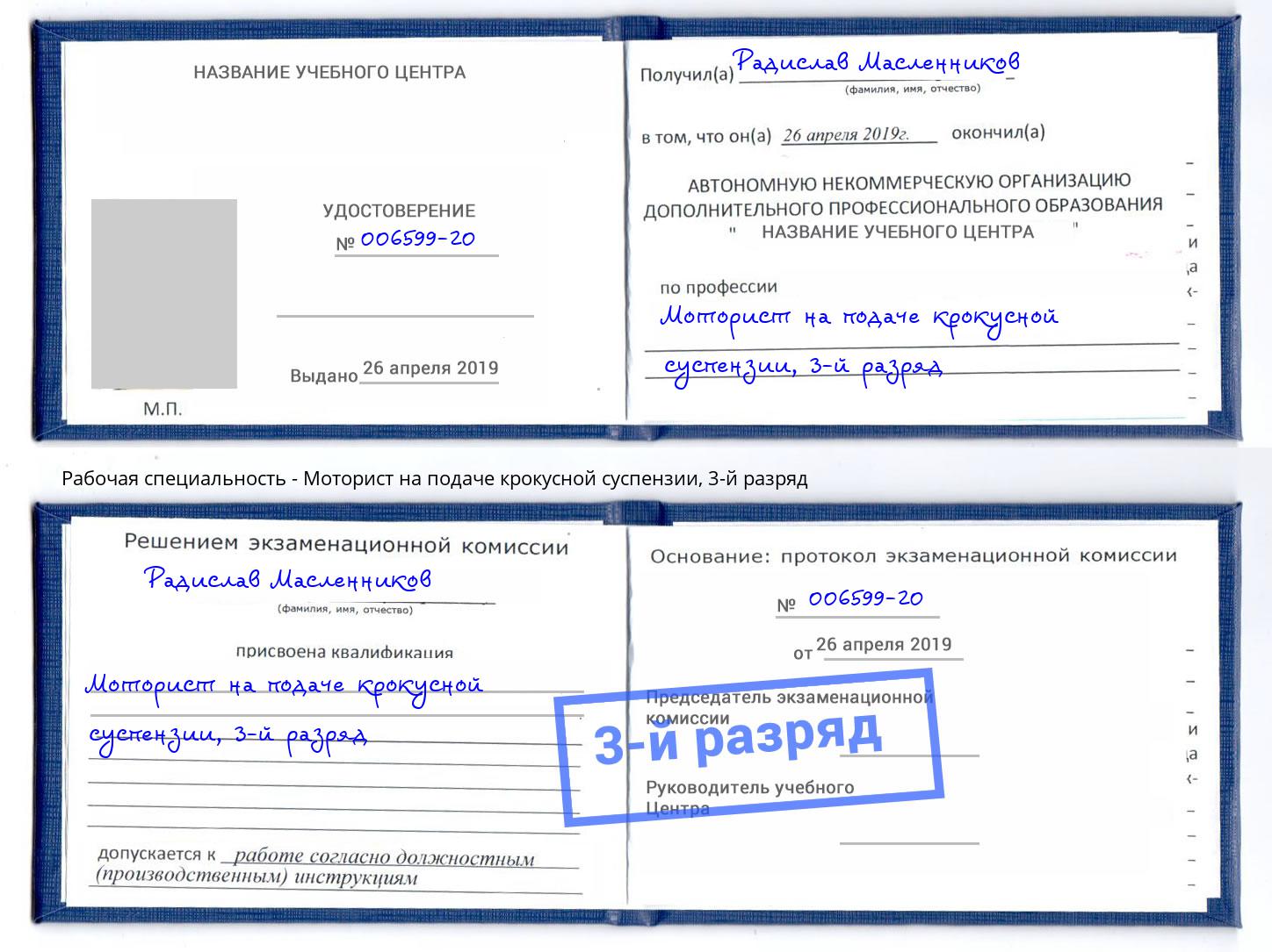 корочка 3-й разряд Моторист на подаче крокусной суспензии Гай