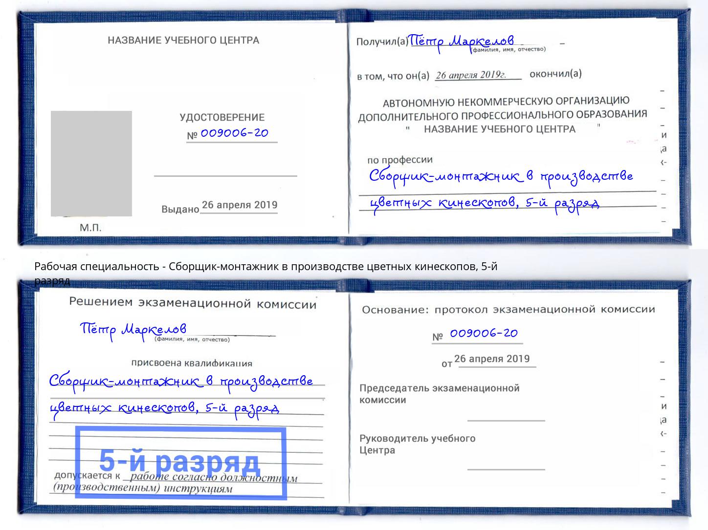 корочка 5-й разряд Сборщик-монтажник в производстве цветных кинескопов Гай