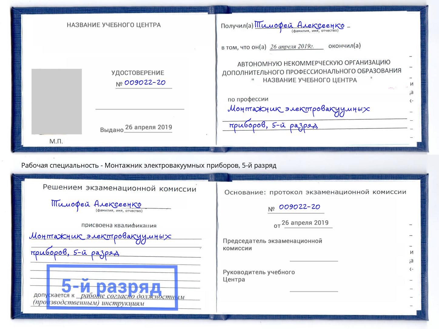 корочка 5-й разряд Монтажник электровакуумных приборов Гай