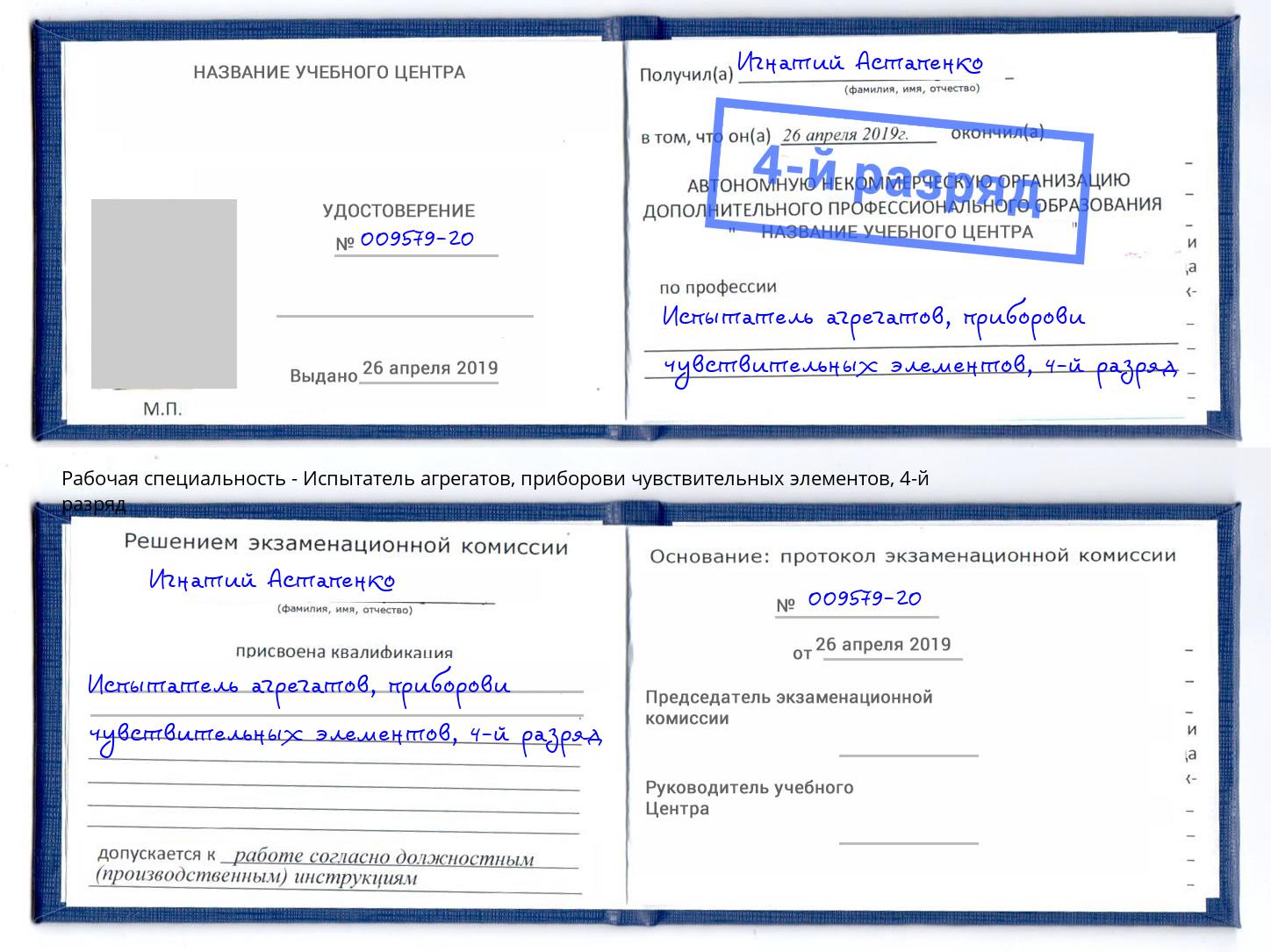 корочка 4-й разряд Испытатель агрегатов, приборови чувствительных элементов Гай