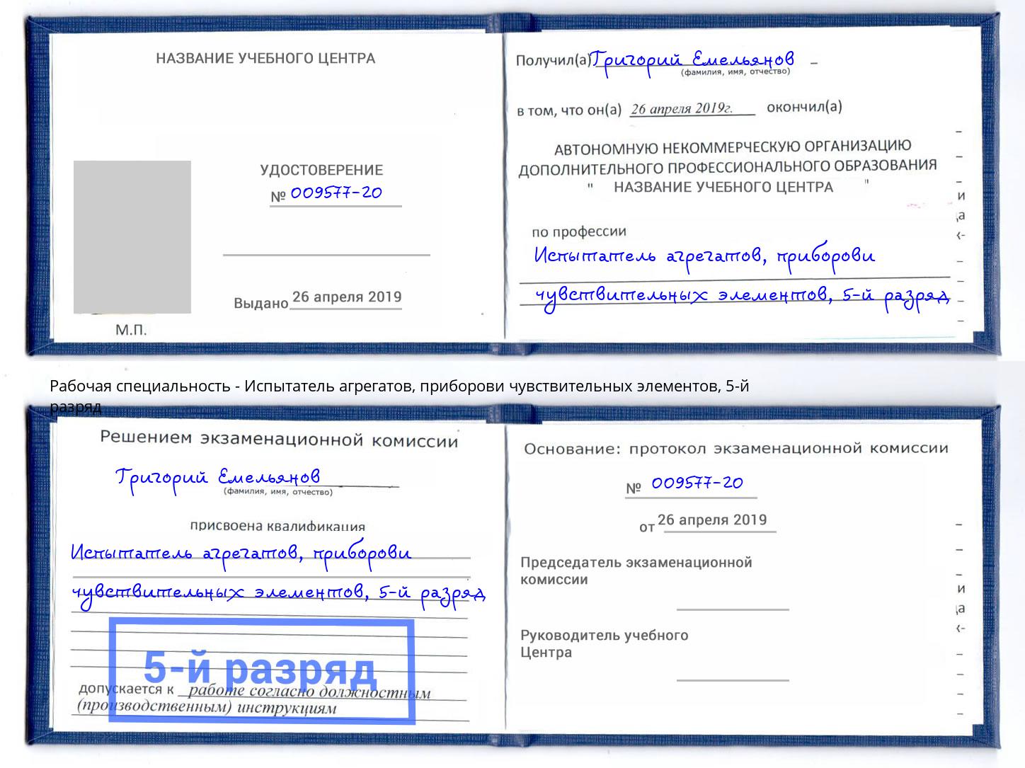 корочка 5-й разряд Испытатель агрегатов, приборови чувствительных элементов Гай