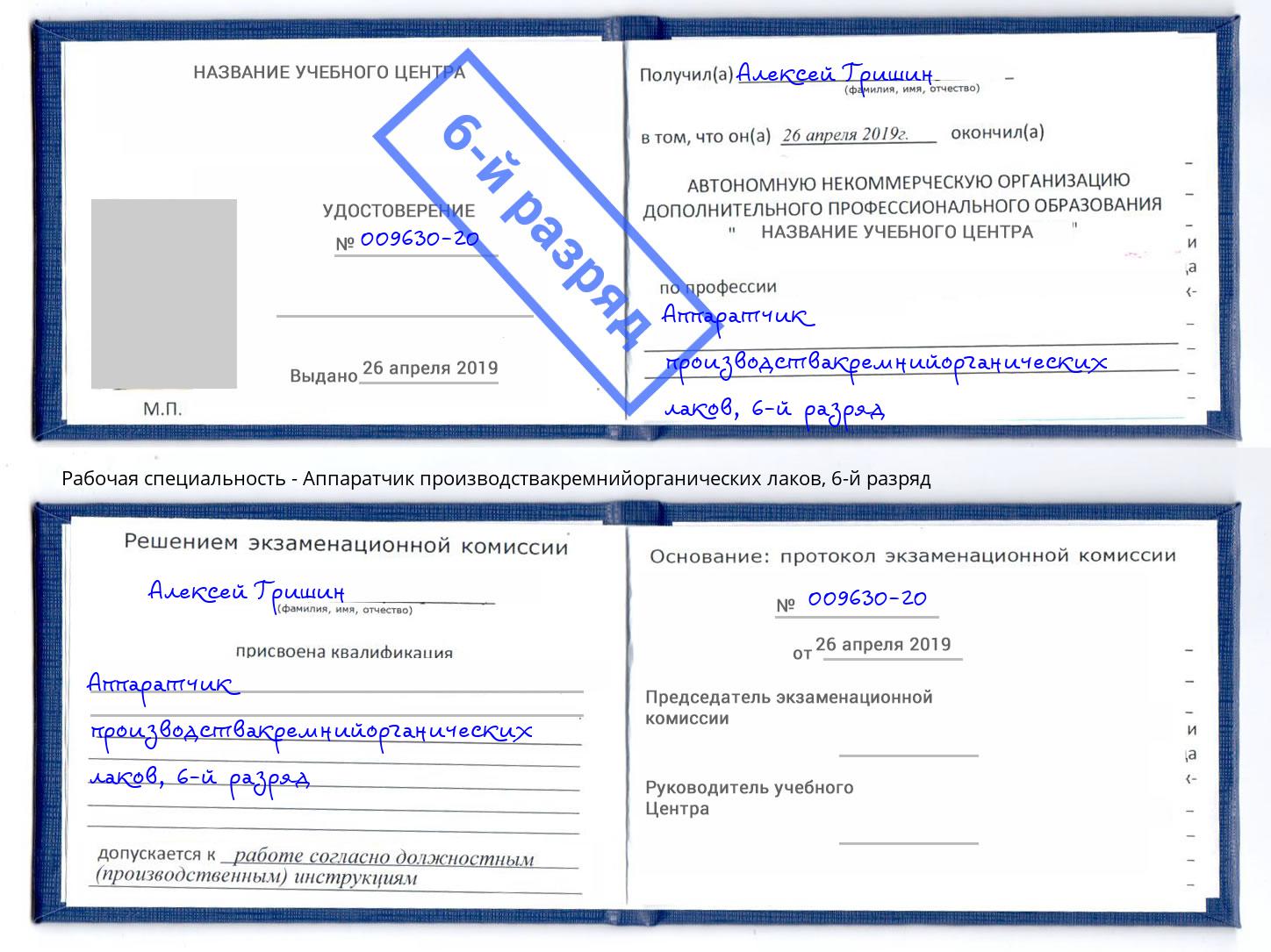 корочка 6-й разряд Аппаратчик производствакремнийорганических лаков Гай