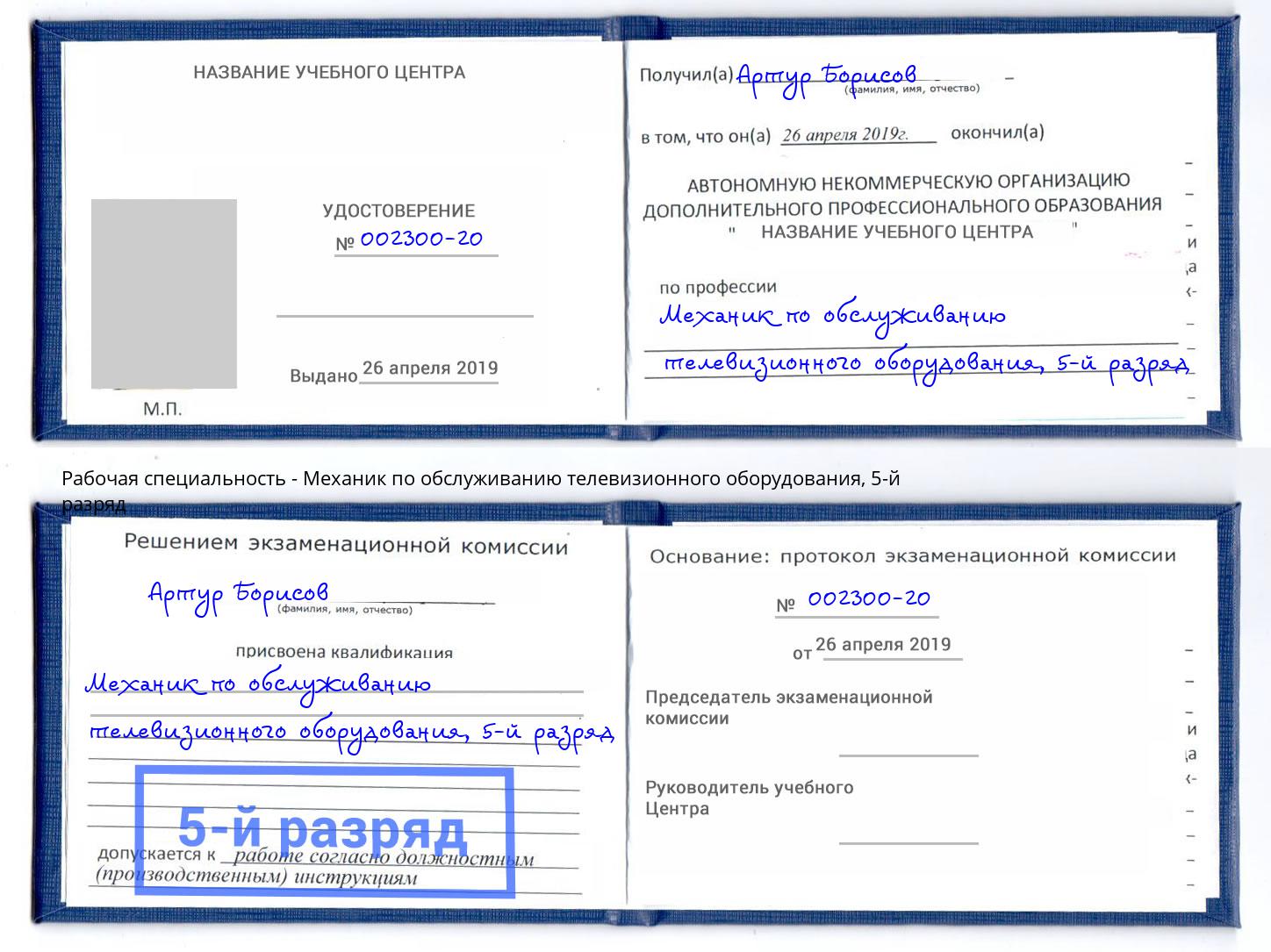 корочка 5-й разряд Механик по обслуживанию телевизионного оборудования Гай