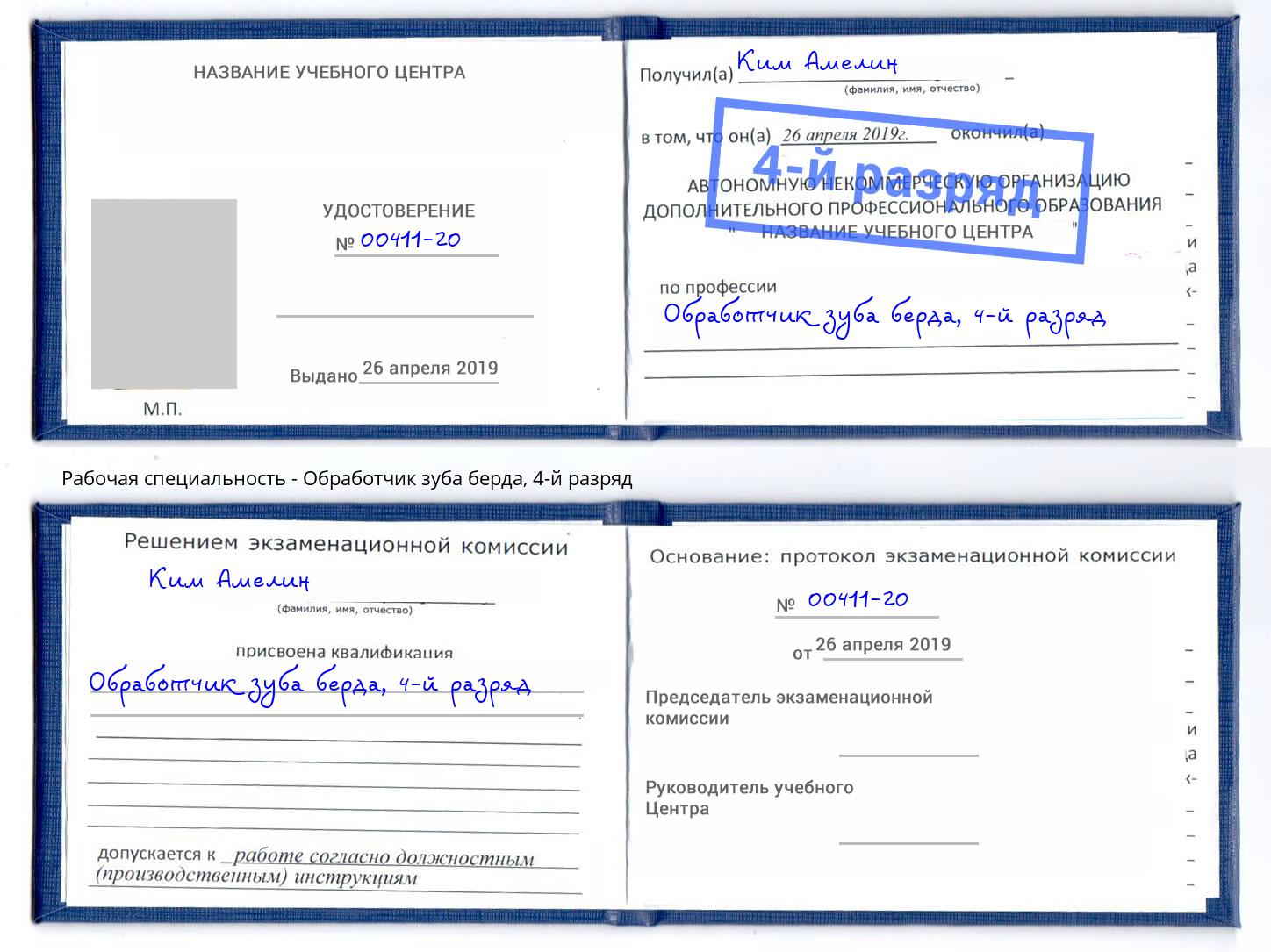 корочка 4-й разряд Обработчик зуба берда Гай