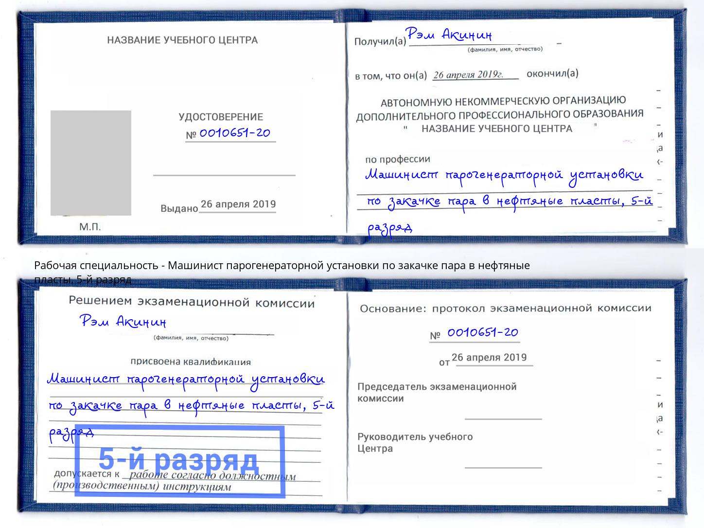 корочка 5-й разряд Машинист парогенераторной установки по закачке пара в нефтяные пласты Гай