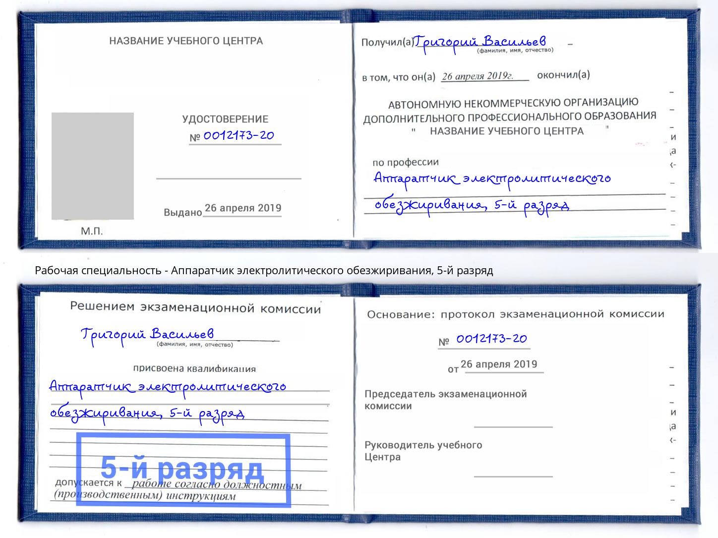 корочка 5-й разряд Аппаратчик электролитического обезжиривания Гай